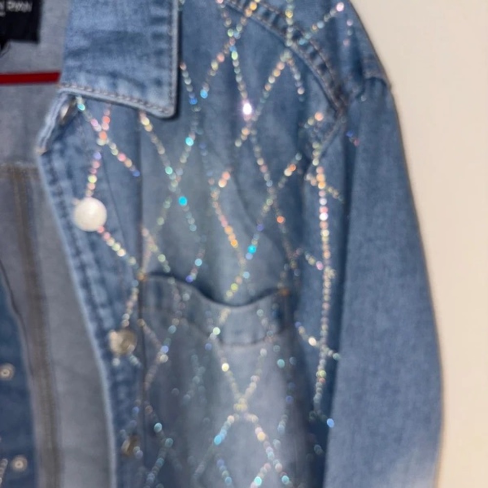 Dylan Kain Light Blue Rhinestone Argyle Cropped Jean Jacket - Picture 5 of 5